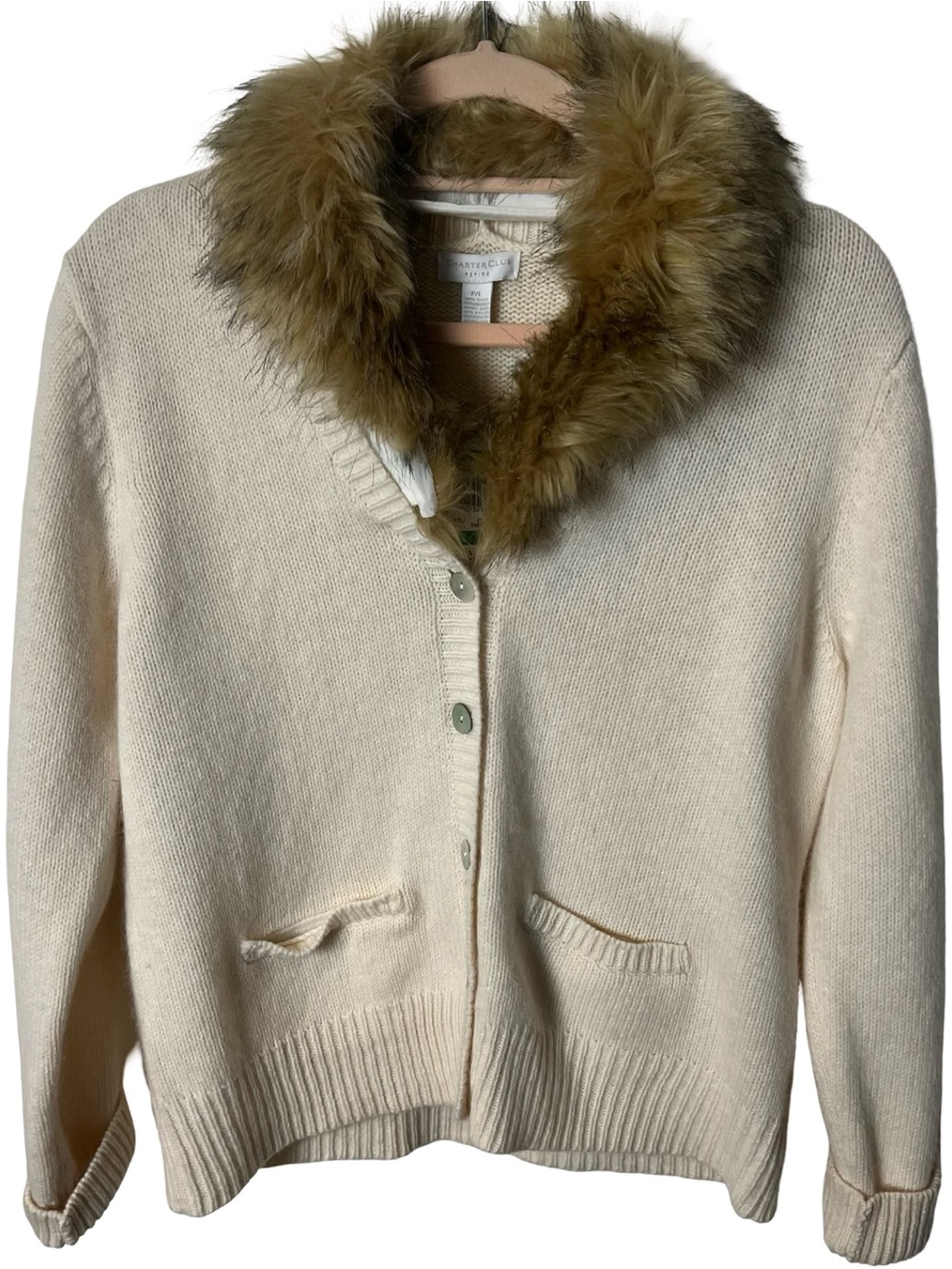 Charter Club NWT Women’s Cardigan Faux Fur Collar Button Front Eggshell Sz. L